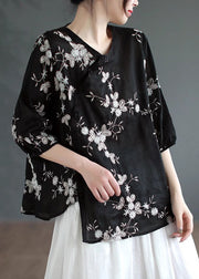 Vintage Black Asymmetrical Button Patchwork Linen Shirt Summer