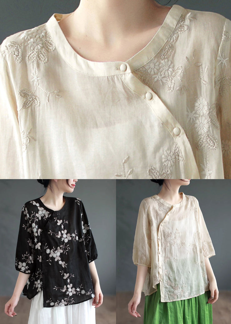 Vintage Black Asymmetrical Button Patchwork Linen Shirt Summer