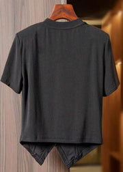 Vintage Black Asymmetrical Chinese Button Patchwork Cotton T Shirts Tops Summer