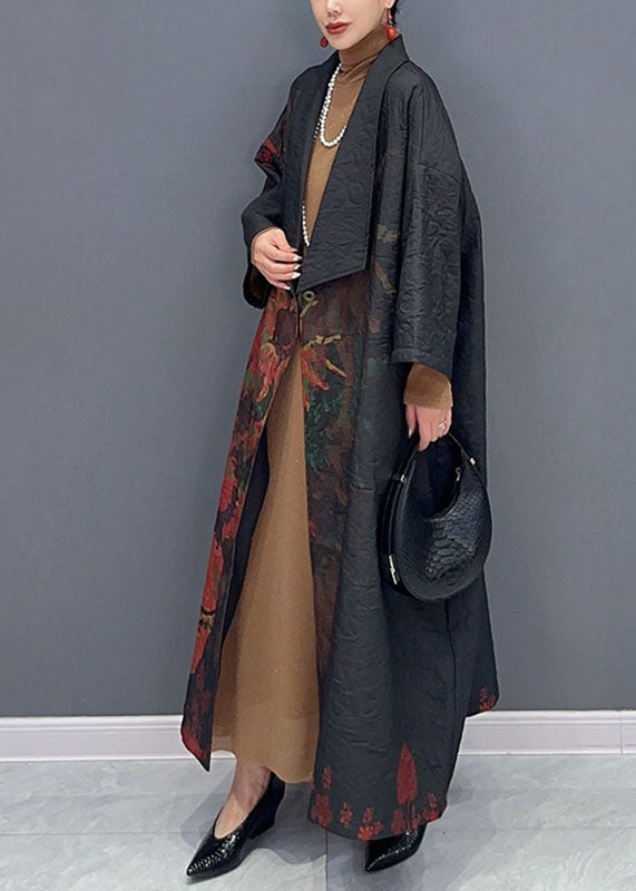 Vintage Black Asymmetrical Print Long Trench Coats Long Sleeve