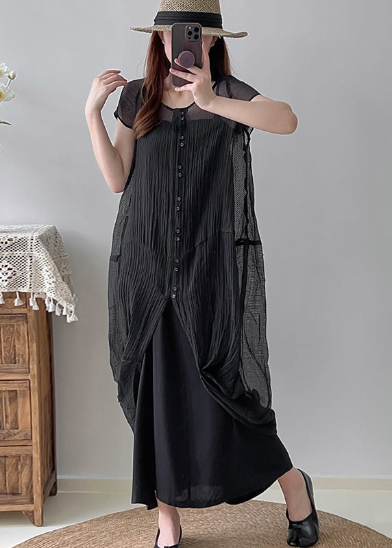 Vintage Black Asymmetrical Wrinkled Silk Dress Two Piece Set Summer