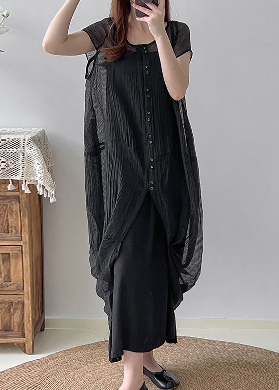 Vintage Black Asymmetrical Wrinkled Silk Dress Two Piece Set Summer