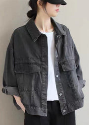 Vintage Black Button Pockets Denim Coat Long Sleeve