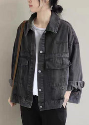 Vintage Black Button Pockets Denim Coat Long Sleeve