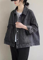 Vintage Black Button Pockets Denim Coat Long Sleeve