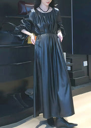 Vintage Black Cinched Tie Waist Solid PU Maxi Dresses Spring