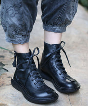 Vintage Black Cowhide Leather Lace Up Splicing Boots
