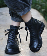Vintage Black Cowhide Leather Lace Up Splicing Boots