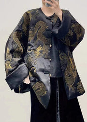 Vintage Black Dragon Embroideried Oversized Chinese Button Silk Coats Fall