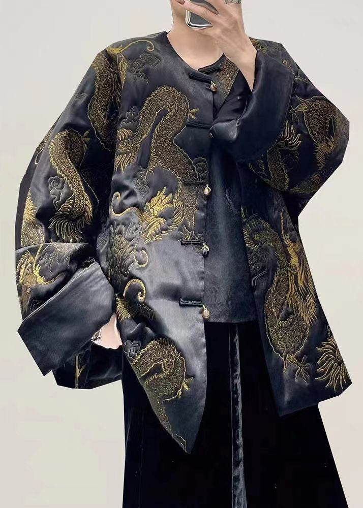 Vintage Black Dragon Embroideried Oversized Chinese Button Silk Coats Fall