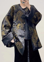 Vintage Black Dragon Embroidered Oversized Chinese Button Silk Coats Fall