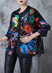 Vintage Black Embroidered Chinese Button Silk Coats Fall