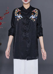 Vintage Black Embroideried Chinese Button Silk Blouses Fall