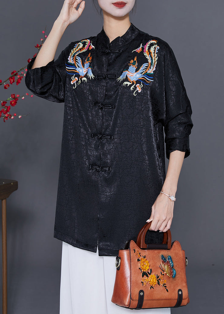 Vintage Black Embroideried Chinese Button Silk Blouses Fall