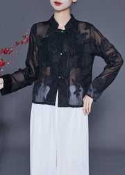 Vintage Black Embroideried Chinese Button Tulle Shirt Tops Summer