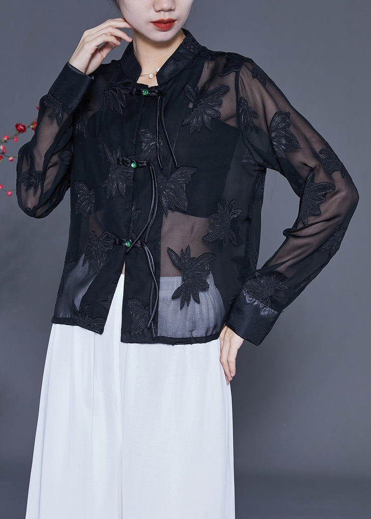 Vintage Black Embroideried Chinese Button Tulle Shirt Tops Summer