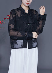 Vintage Black Embroideried Chinese Button Tulle Shirt Tops Summer