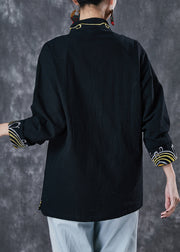 Vintage Black Embroideried Cotton Shirt Tops Spring