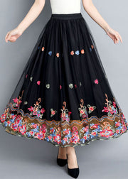 Vintage Black Embroideried Floral Tulle Maxi Skirts Summer