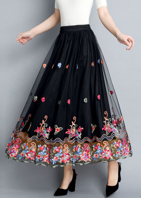 Vintage Black Embroideried Floral Tulle Maxi Skirts Summer