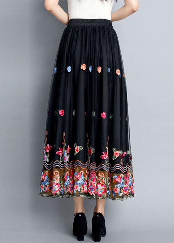 Vintage Black Embroideried Floral Tulle Maxi Skirts Summer