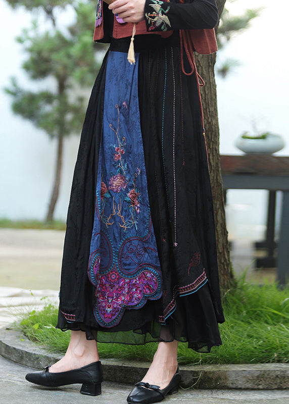 Vintage Black Embroideried Floral Tulle Patchwork Elastic Waist Linen maxi Skirts Fall