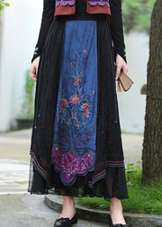 Vintage Black Embroideried Floral Tulle Patchwork Elastic Waist Linen maxi Skirts Fall