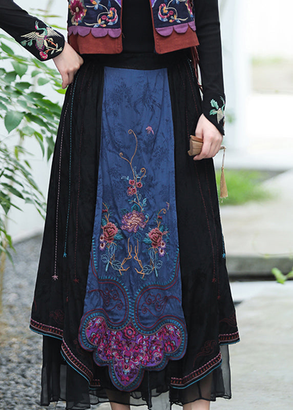 Vintage Black Embroideried Floral Tulle Patchwork Elastic Waist Linen maxi Skirts Fall