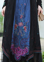 Vintage Black Embroideried Floral Tulle Patchwork Elastic Waist Linen maxi Skirts Fall