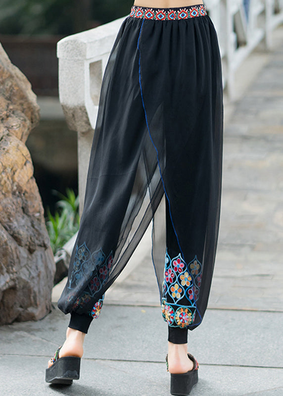 Vintage Black Embroideried Floral Tulle Patchwork Lantern Pants Summer