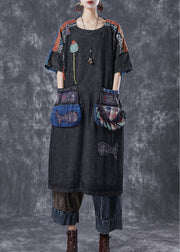 Vintage Black Embroideried Patchwork Applique Denim Maxi Dresses Summer