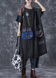 Vintage Black Embroideried Patchwork Applique Denim Maxi Dresses Summer