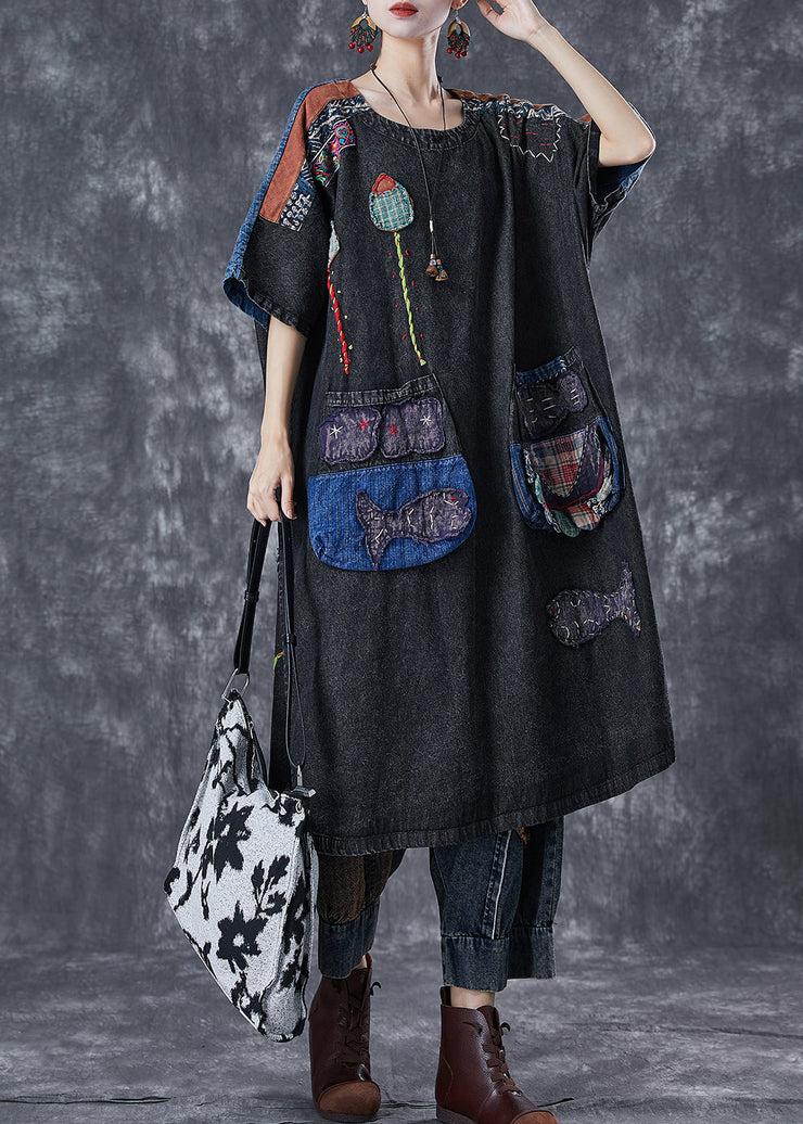 Vintage Black Embroidered Patchwork Applique Denim Maxi Dresses Summer