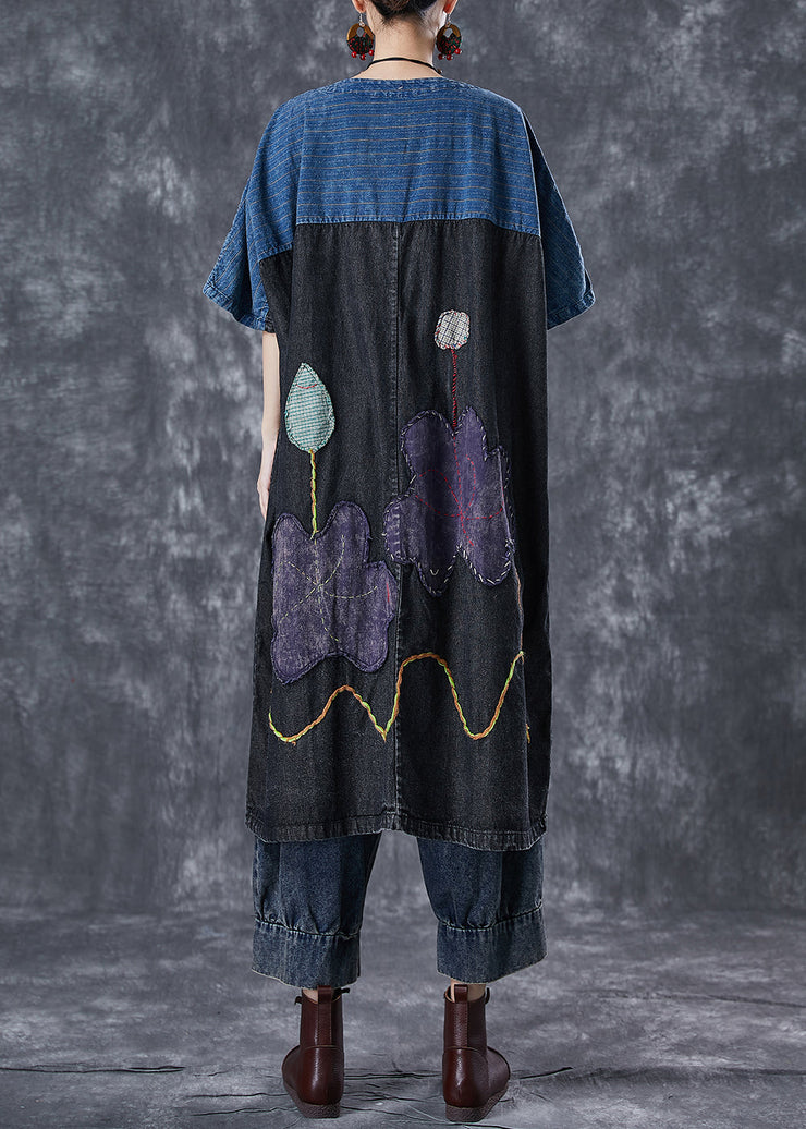 Vintage Black Embroideried Patchwork Applique Denim Maxi Dresses Summer