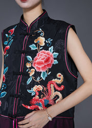 Vintage Black Embroideried Patchwork Silk Long Vest Fall