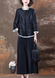 Vintage Black Embroideried Patchwork Silk Two Piece Set Women Clothing Spring