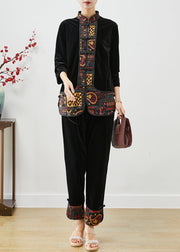 Vintage Black Embroidered Patchwork Silk Velour Two Piece Set Women Clothing Fall