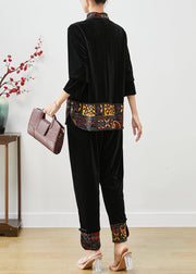 Vintage Black Embroidered Patchwork Silk Velour Two Piece Set Women Clothing Fall