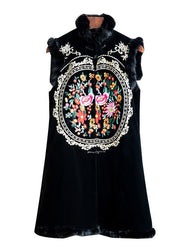 Vintage Black Fur Collar Embroideried Patchwork Silk Velour Waistcoat Sleeveless