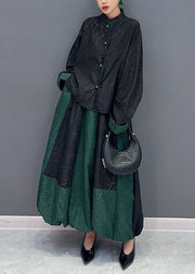 Vintage Black Green Stand Collar Tasseled Patchwork Cotton Two Piece Set Fall