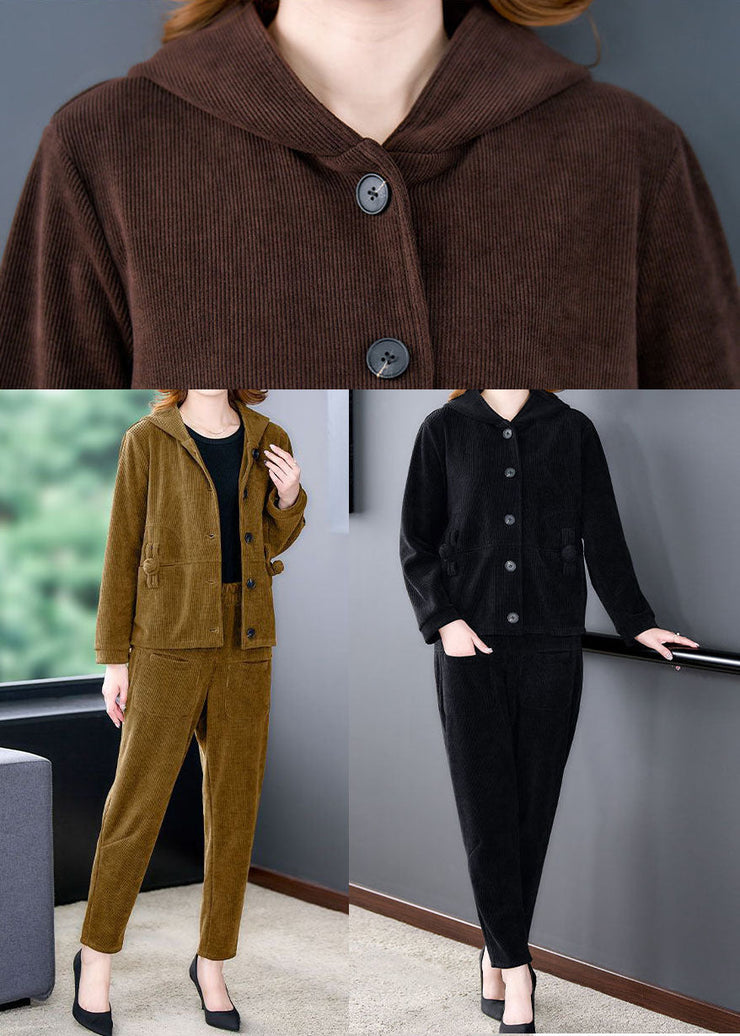 Vintage Black Hooded Solid Color Corduroy Coats And Harem Pants Two Pieces Set Winter