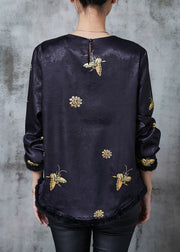 Vintage Black Jacquard Butterfly Silk Shirts Spring