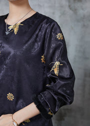 Vintage Black Jacquard Butterfly Silk Shirts Spring