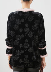 Vintage Black Jacquard Patchwork Oriental Silk Velour Shirt Tops Spring