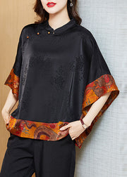 Vintage gray flower Mandarin Collar Asymmetrical Patchwork Jacquard Silk Shirts Batwing Sleeve