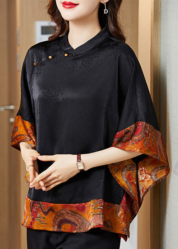 Vintage gray flower Mandarin Collar Asymmetrical Patchwork Jacquard Silk Shirts Batwing Sleeve
