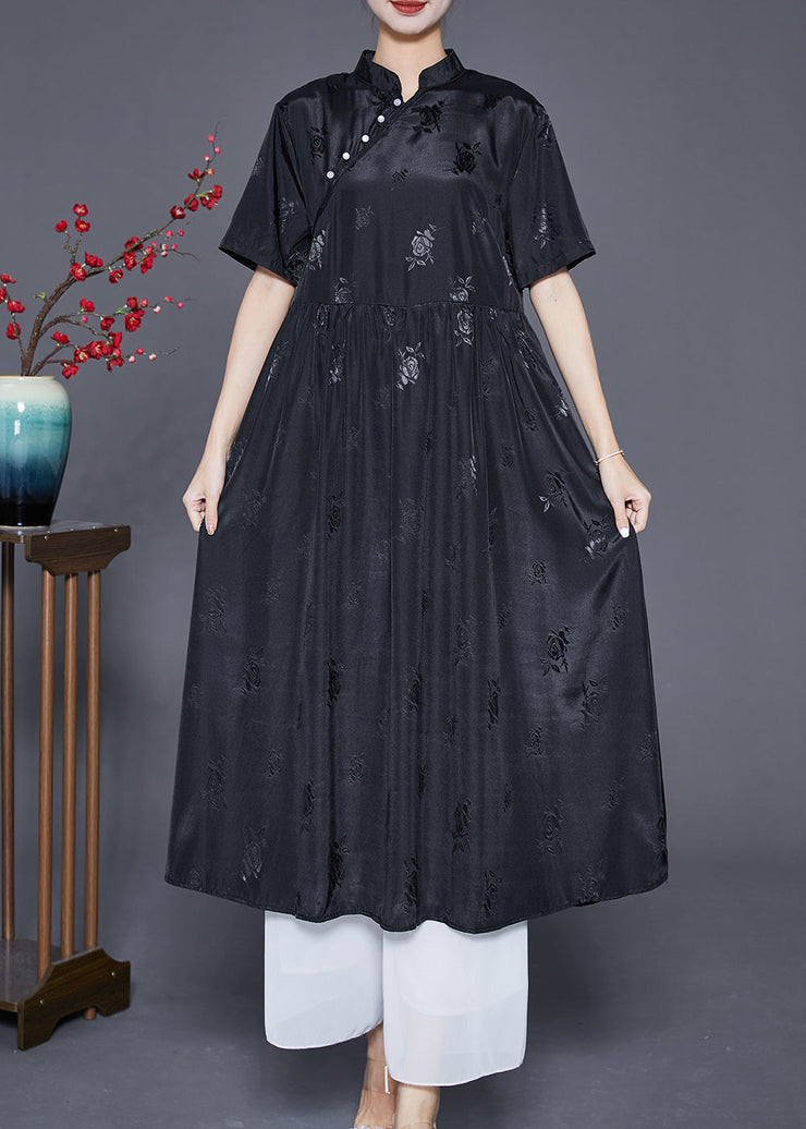 Vintage Black Mandarin Collar Jacquard Exra Large Hem Silk Dresses Summer