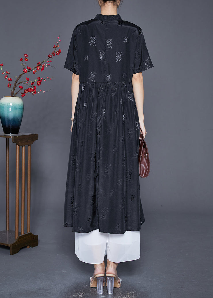 Vintage Black Mandarin Collar Jacquard Exra Large Hem Silk Dresses Summer