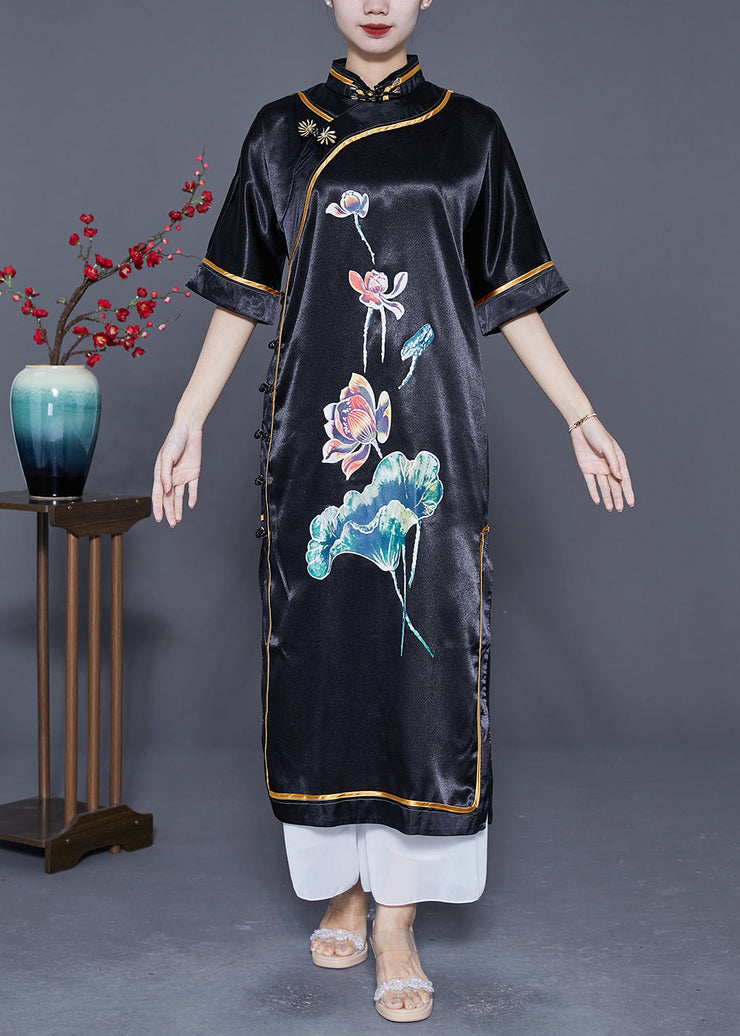 Vintage Black Mandarin Collar Print Side Open Silk Chinese Style Dress Summer