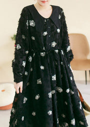 Vintage Black O-Neck Embroideried Floral Patchwork Cotton Long Dress Spring